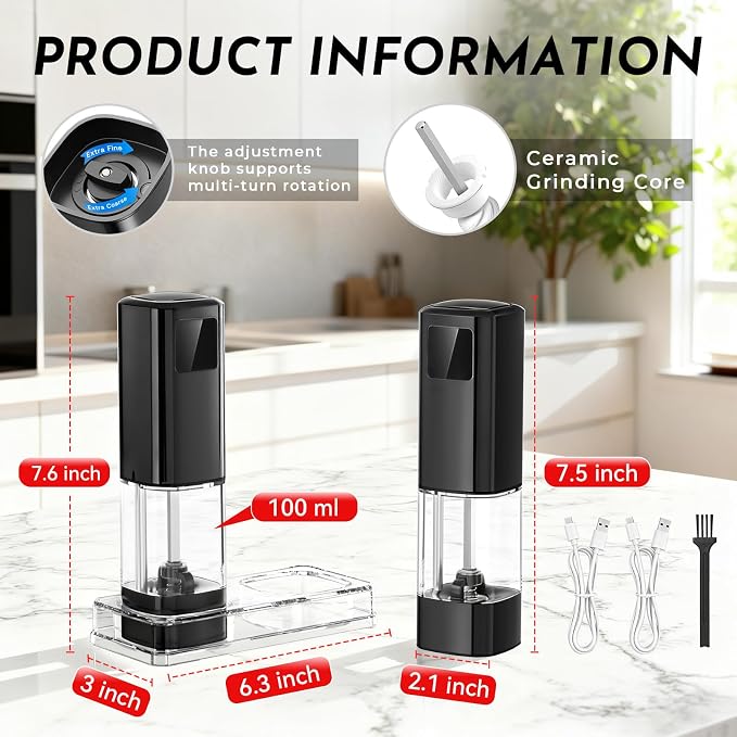 Upgraded Larger Capacity Electric Salt and Pepper Grinder Set Rechargeable - Image 7