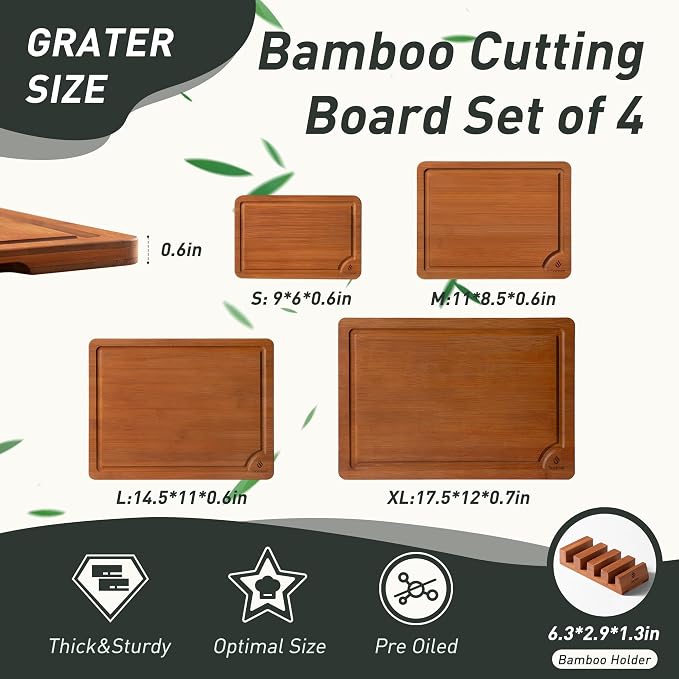Bamboo Cutting Board Set Non Slip Feet - Image 2