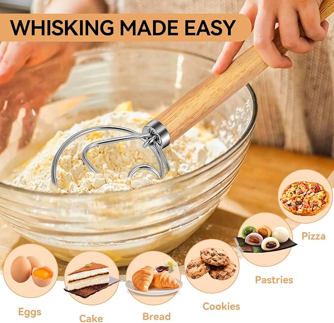 TEEVEA Danish Dough Whisk for Bread Sourdough, Wooden Handle & Stainless Steel - Image 4