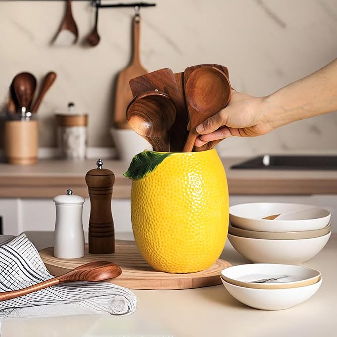 Lemon Shaped Ceramic Kitchen Utensil Holder, Large Cooking Utensil Crocks - Image 4