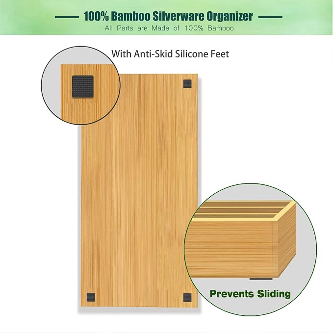 guiogc Bamboo Silverware Organizer, Kitchen Silverware Drawer Organizer - Image 6