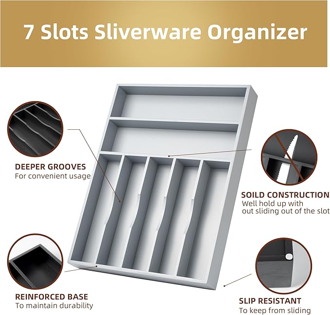 Besilord Silverware Organizer 13 Inch Gray Bamboo Kitchen Drawer Organizer 7 - Image 4
