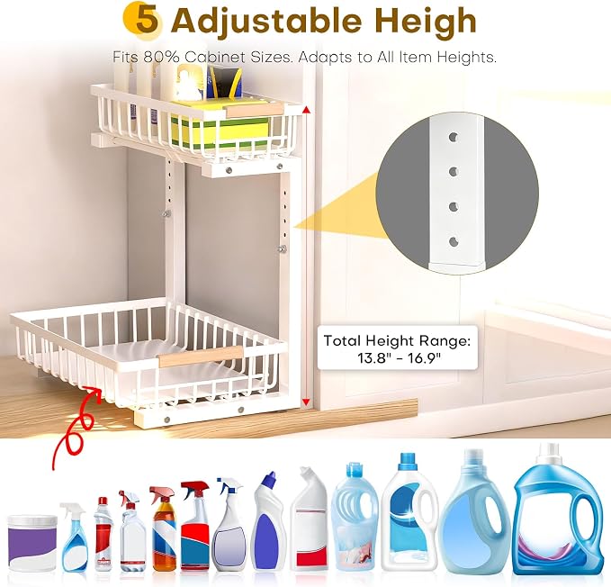 Under Sink Organizer, 2 Tier Pull Out Under-Sink Shelves, Adjustable Height - Image 3