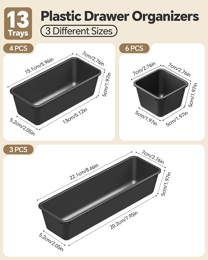 Canfanni 13 Pack Plastic Drawer Organizers Set, 3 Sizes Desk Drawer Organizer - Image 2