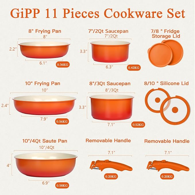 GIPP 11pcs Pots and Pans Set Non Stick, Nonstick Cookware Set Detachable Handle - Image 2