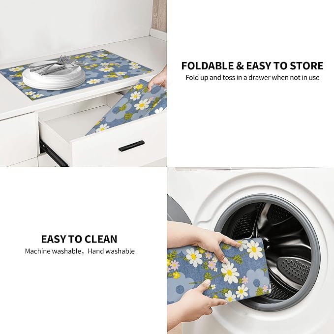 Daisy Flowers Dish Drying Mat for Kitchen Counter, Large Drying Kitchen Mat - Image 7