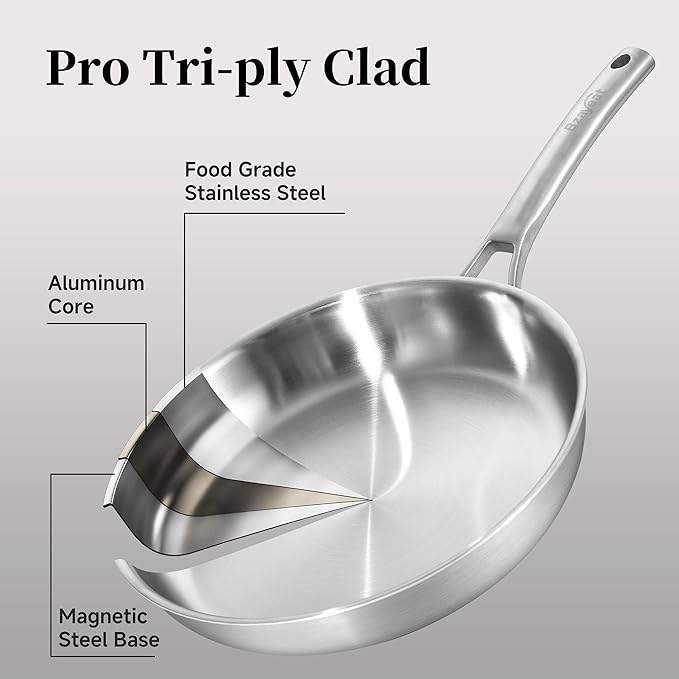 Chef's Frying Pan 12 Inch, Tri-Ply Clad Stainless Steel Skillet, Induction - Image 2