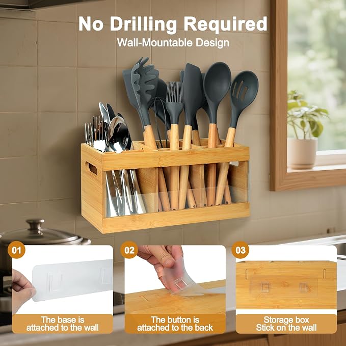 Kitchen Utensil Holder for Counter Extra Large Bamboo Wooden Utensil Organizer - Image 2