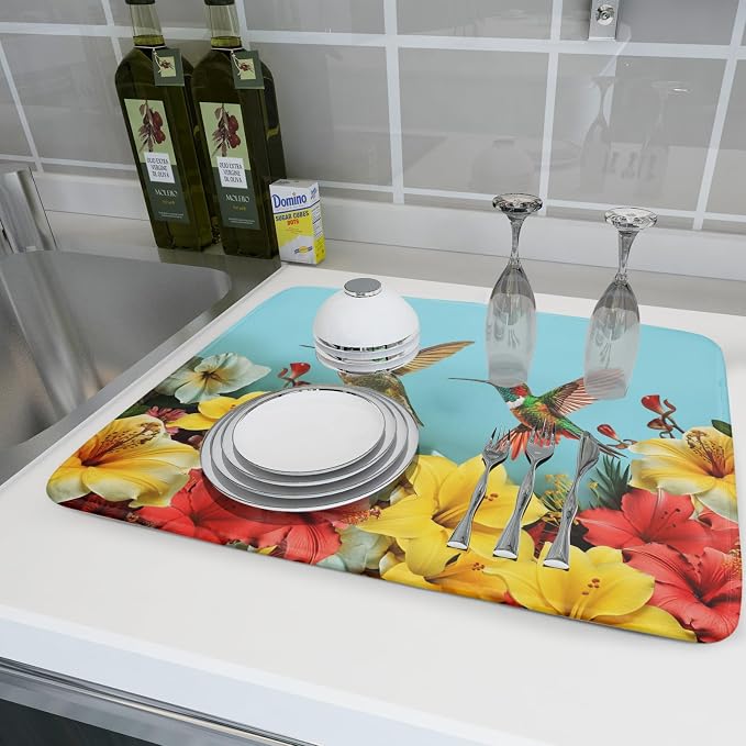 Kawani Spring Summer Hummingbirds Floral Dish Drying Mat - Image 6