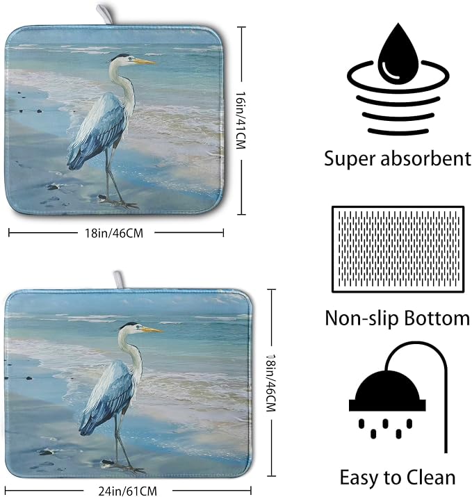 Summer Blue Dish Drying Mat for Kitchen Counter 18x24 Inch Heron Coastal Beach - Image 2