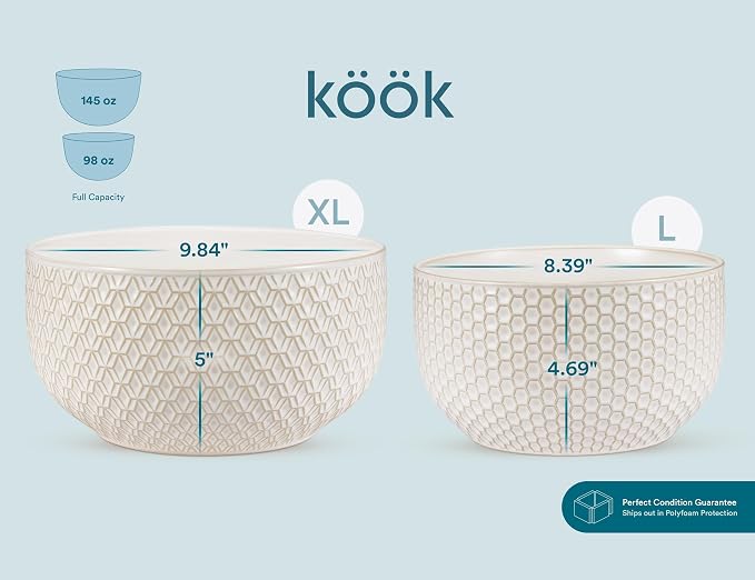 KooK Ceramic Mixing Bowls, Nesting Set of 4, Embossed Kitchen Dishware - Image 7