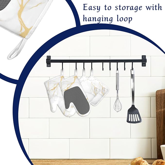 White Gold Marble Pot Holders and Oven Mitts Set Silicone Abstract Marble - Image 3