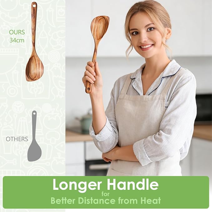 HOWHONG Corner Spoon Wooden Cooking Utensil, Long Handle Acacia Wood Spoon - Image 6