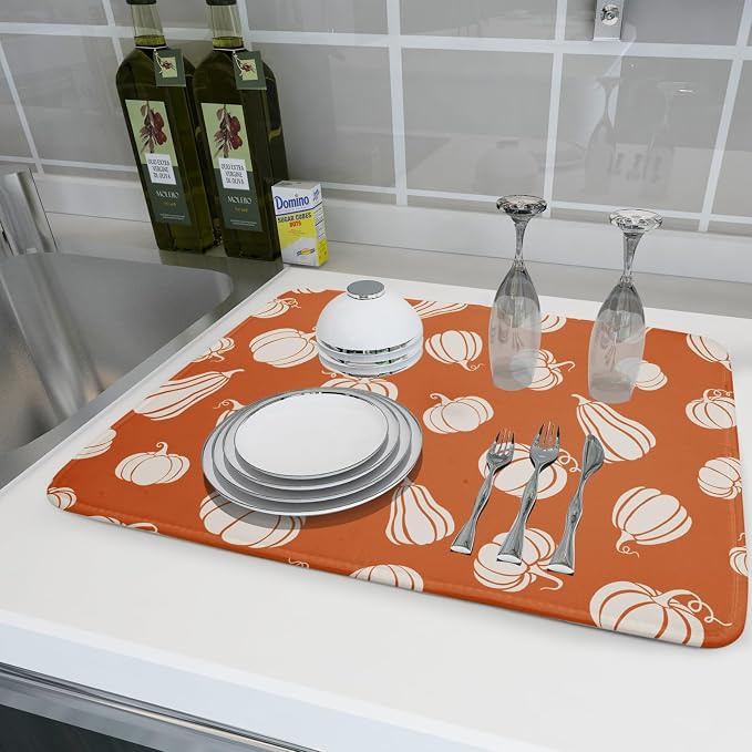 Fall Dish Drying Mat for Kitchen Counter Autumn White Pumpkins Festival - Image 6
