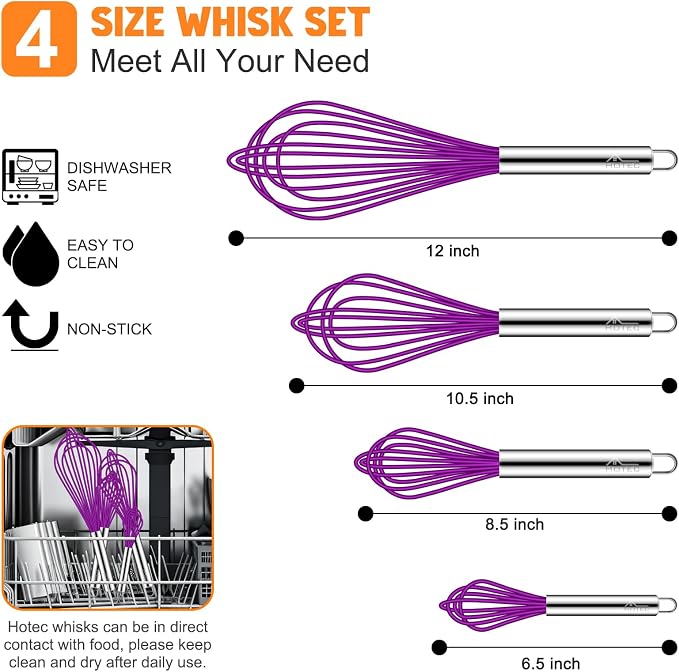 HOTEC 4 Pieces Silicone Whisks Set, Wire Balloon Whisks Egg Beater, Non-slip - Image 2