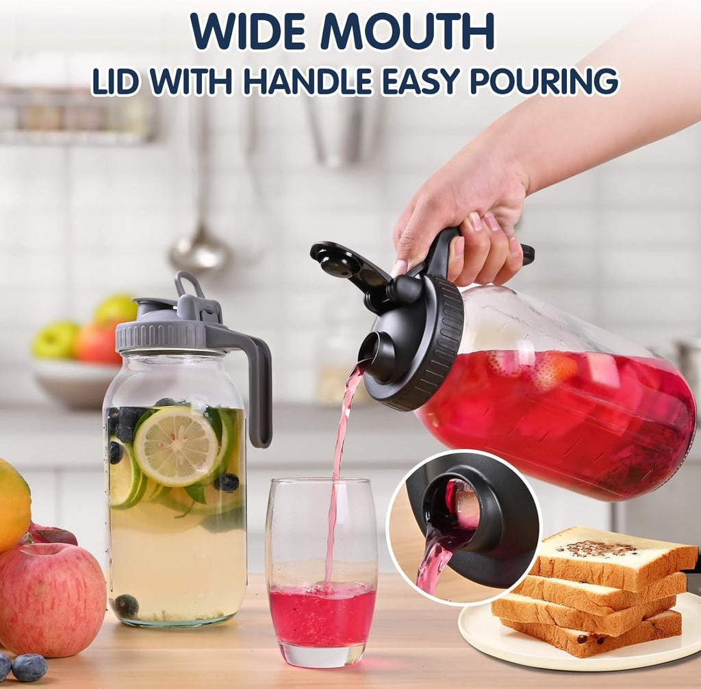 64OZ Glass Pitchers with Lid, Wide Mouth Water Jugs, Leak-Proof
