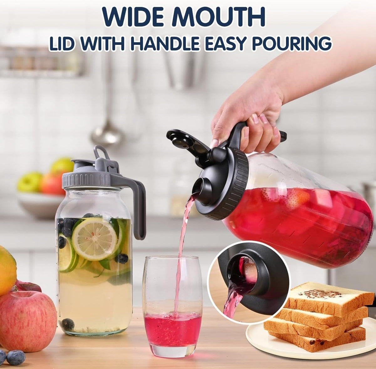 64OZ Glass Pitchers with Lid, Wide Mouth Water Jugs, Leak-Proof