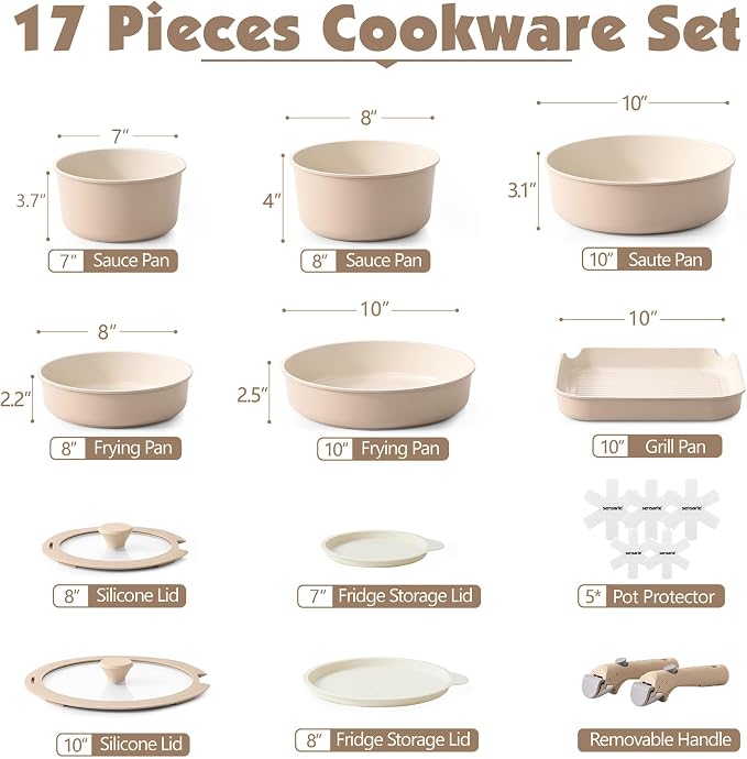 SENSARTE 17 Piece Ceramic Pots and Pans Set, Nonstick Detachable Handle Cookware - Image 2