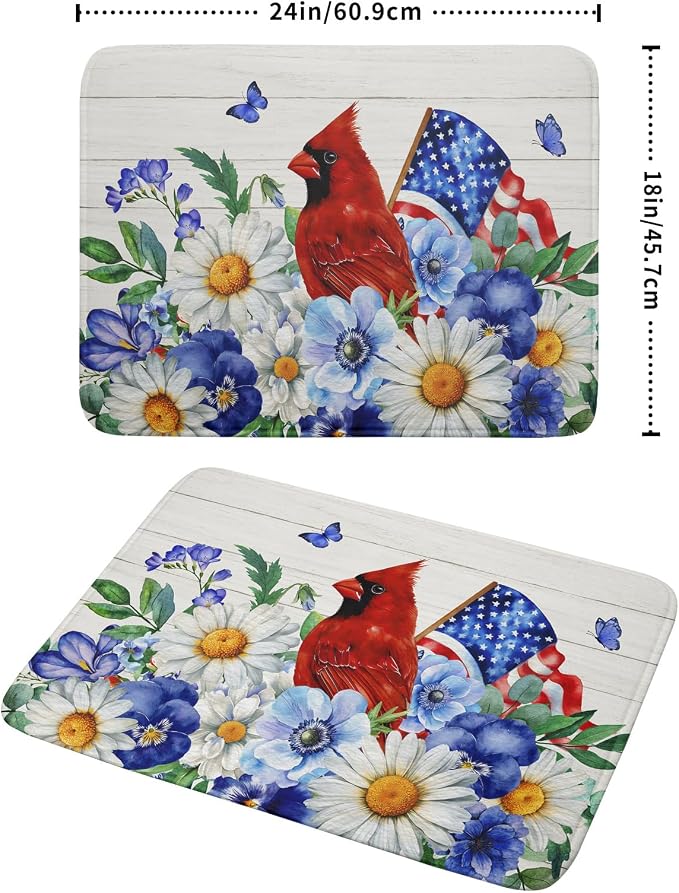 4th of July Dish Drying Mat for Kitchen Counter Cardinal Patriotic Flowers - Image 2