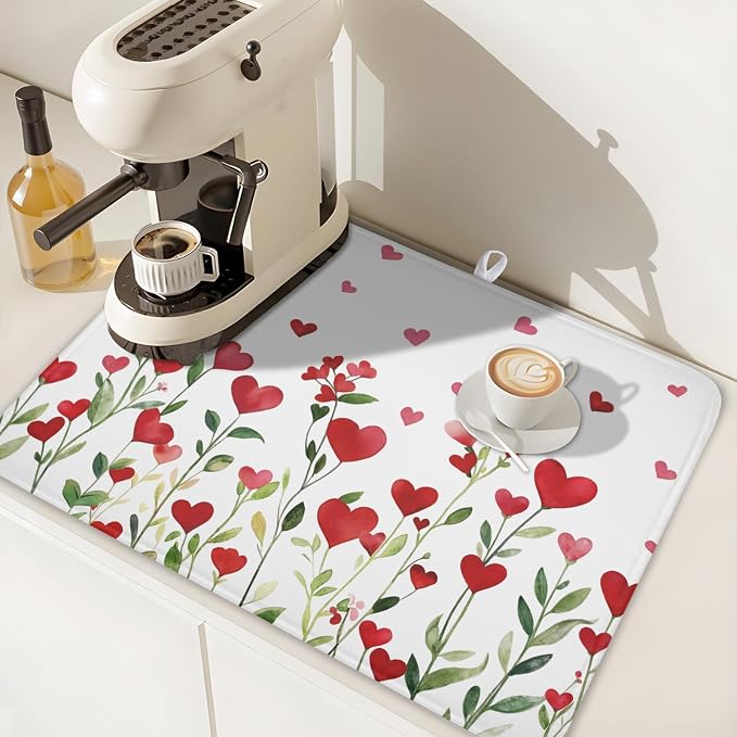 Valentines Day Dish Drying Mat for Kitchen Counter 24x18 Inch Green Red Heart - Image 6