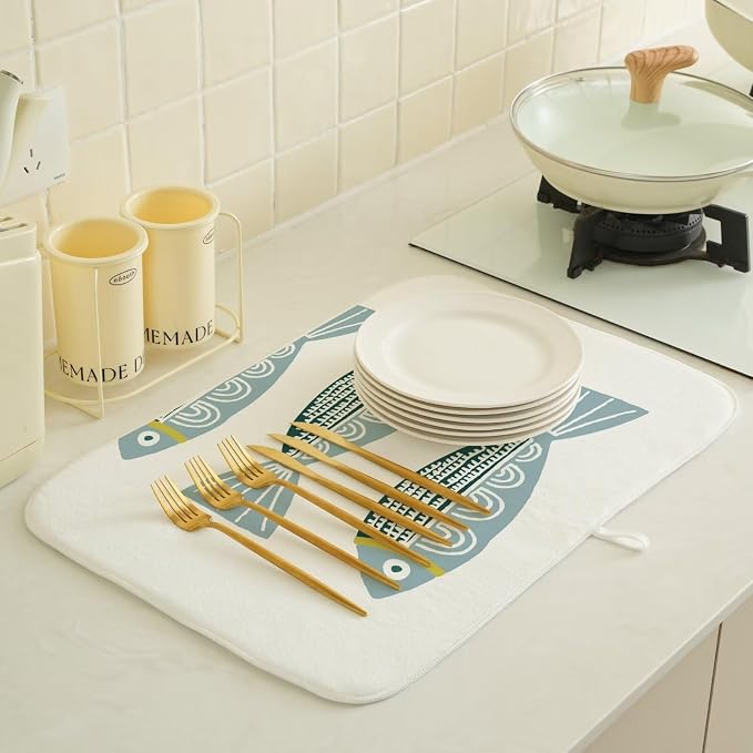 Coastal Dish Drying Mat 18 x 24 inch Beach Blue Fish Print Decorative Drying - Image 4