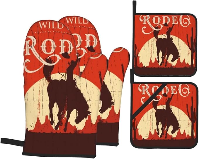 Oven Mitts and Pot Holders Sets of 4, Cowboy Horse Sunset Saguaro Desert Wild by DONMYER