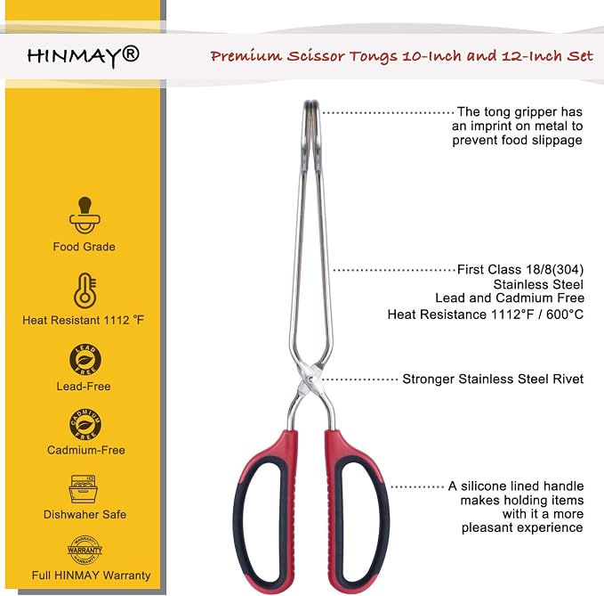 HINMAY Stainless Steel Scissor Tongs 10-Inch and 12-Inch Set - Image 2