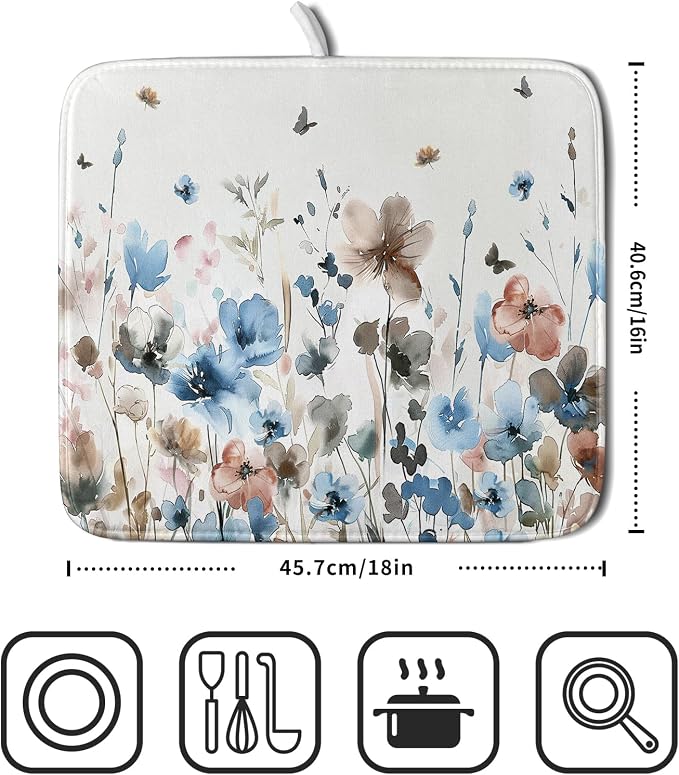Giwawa Watercolor Floral Dish Drying Mat, Spring Summer Wildflower Microfiber - Image 2