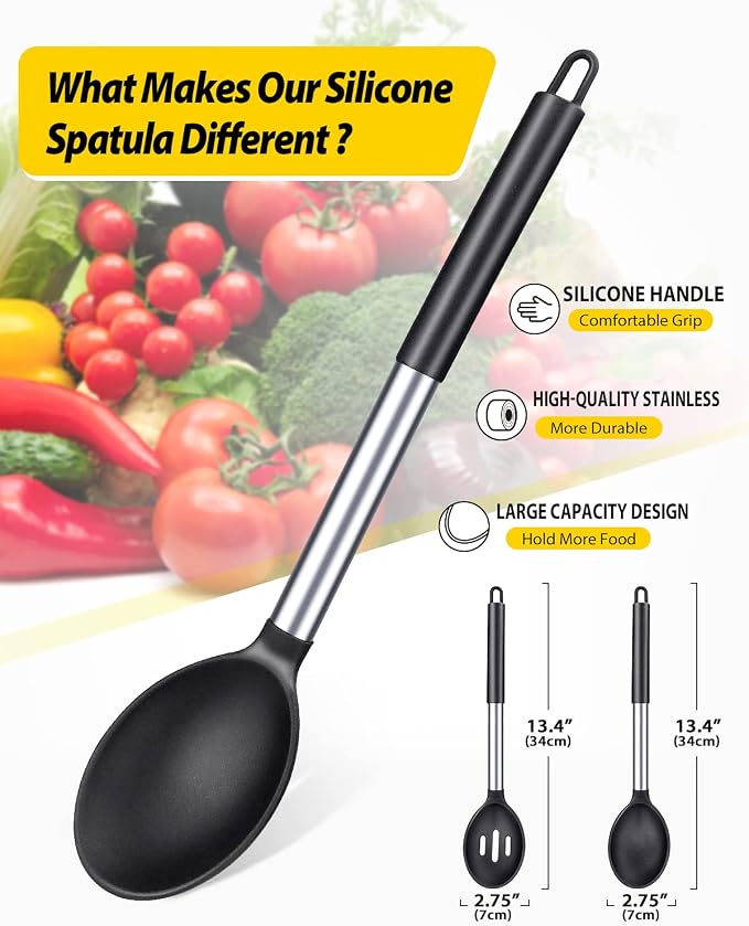 Pack of 2 Large Silicone Cooking Spoons, Non Stick Solid Basting Spoon - Image 2
