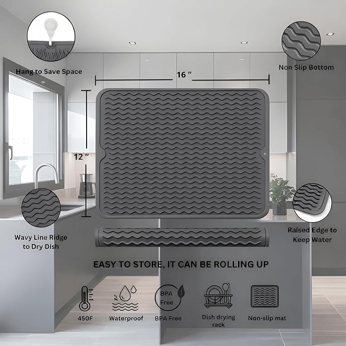 Silicone Drying Mat 16 × 12 – Dark Gray Non-Slip Sink Mat - Image 2