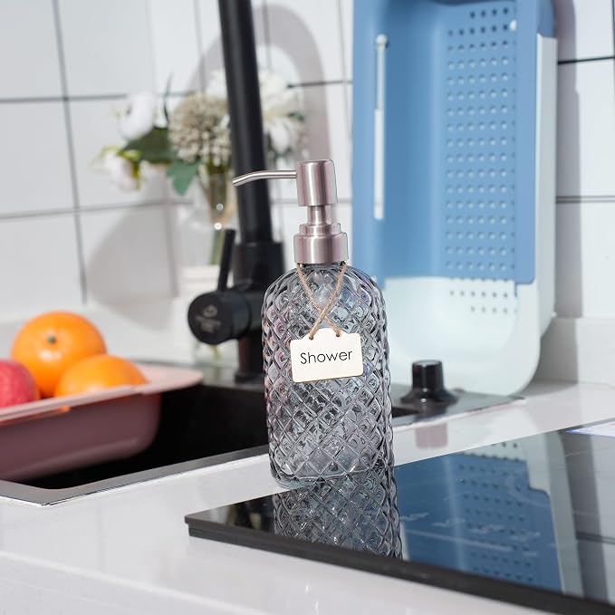 16 oz Diamond Pattern Glass Soap Dispenser, Kitchen and Bathroom Refillable - Image 2