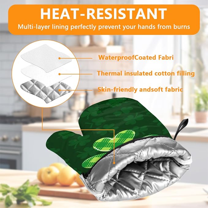 Green Clover Oven Mitts and Pot Holders Sets 4Pcs, Extra Long Oven Gloves - Image 3