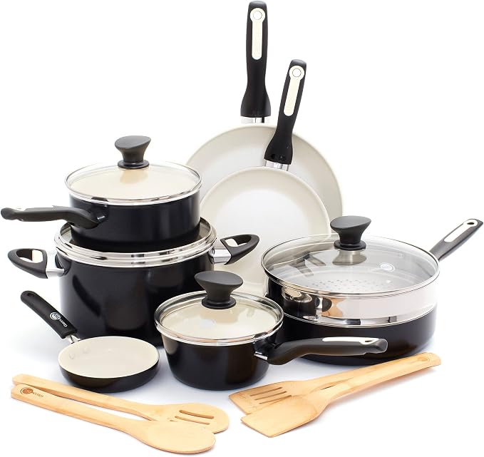 GreenPan Rio 16 Piece Cookware Pots and Pans Set, Hard Anodized Healthy Ceramic by GreenPan