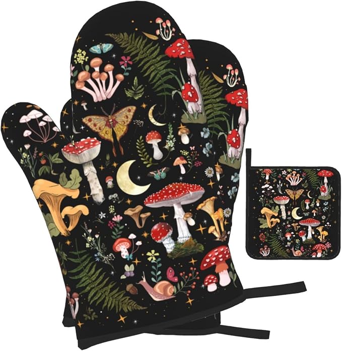 Mushroom Oven Mitts and Pot Holders Sets, Heat Resistant Black Hot Pads Witchy - Image 2