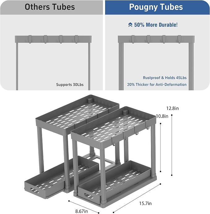 2PC Under Sink Organizer Rack 2 Tier Under Sliding Cabinet Basket Organizer - Image 2