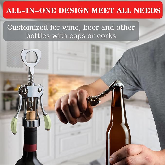 KORCCI Wine Opener, Heavy-Duty Zinc Alloy Wing Corkscrew, Premium Beer Bottle - Image 4