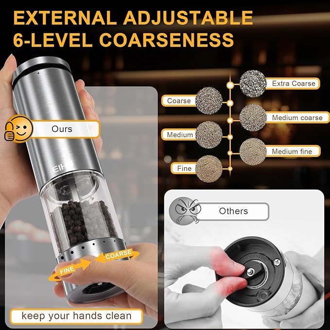 EIHO Electric Salt and Pepper Grinder Set USB Rechargeable, Upgraded External - Image 2