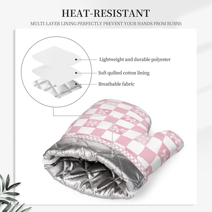 Oven Mitts and Pot Holders Pink Check Bow Pattern Silicone Kitchen Accessories - Image 4