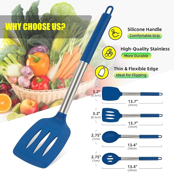 4 Pack Silicone Utensils Set，Non Stick Solid Spatulas, Slotted Spoons - Image 3