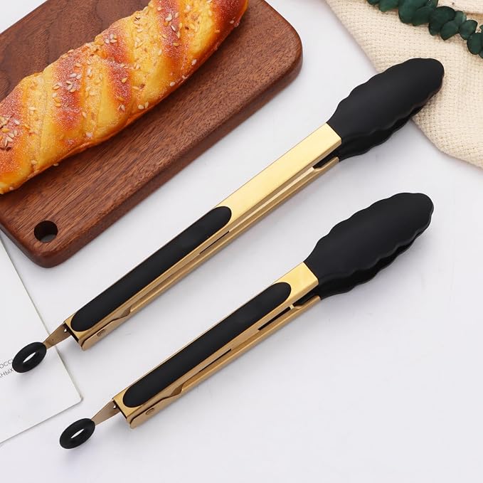 Stainless Steel Classic Kitchen Serving Food Party Gold Tongs 9" and 12" - Image 4