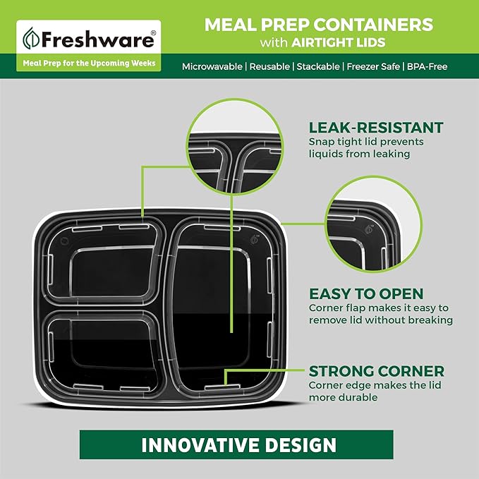 Freshware Bento Box Meal Prep Containers, 3-Compartment, 32 ounce - Image 5