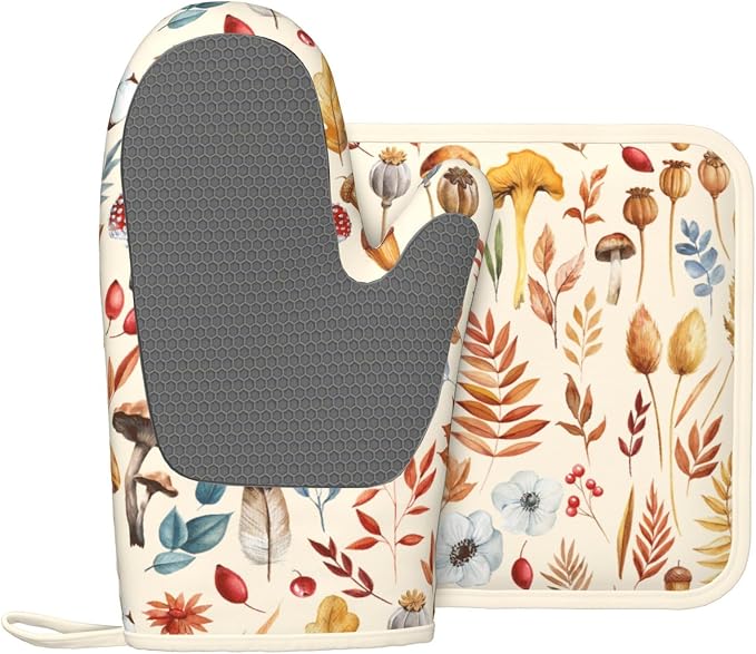 Fall Silicone Oven Mitts Pan Mats Set of 2, Heat Resistant Gloves Potholder - Image 2