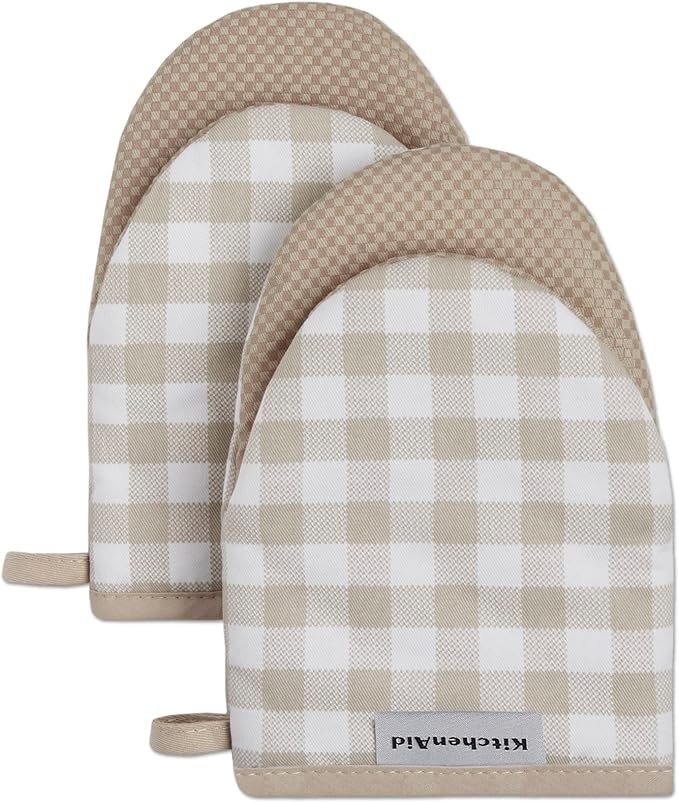 KitchenAid Gingham Mini Oven Mitt 2-Pack Set, Milkshake Tan by KitchenAid