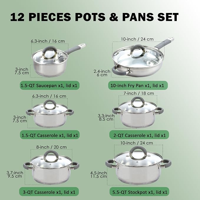 Cook N Home Stainless Steel Cookware Sets, 3-Ply 12 Pcs Pots and Pans Set - Image 2