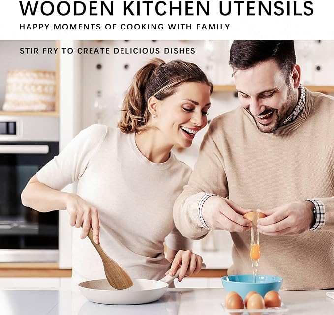 Wooden Spoons for Cooking, 4-Piece Wood Utensil Set Includes Slotted Spoon - Image 3