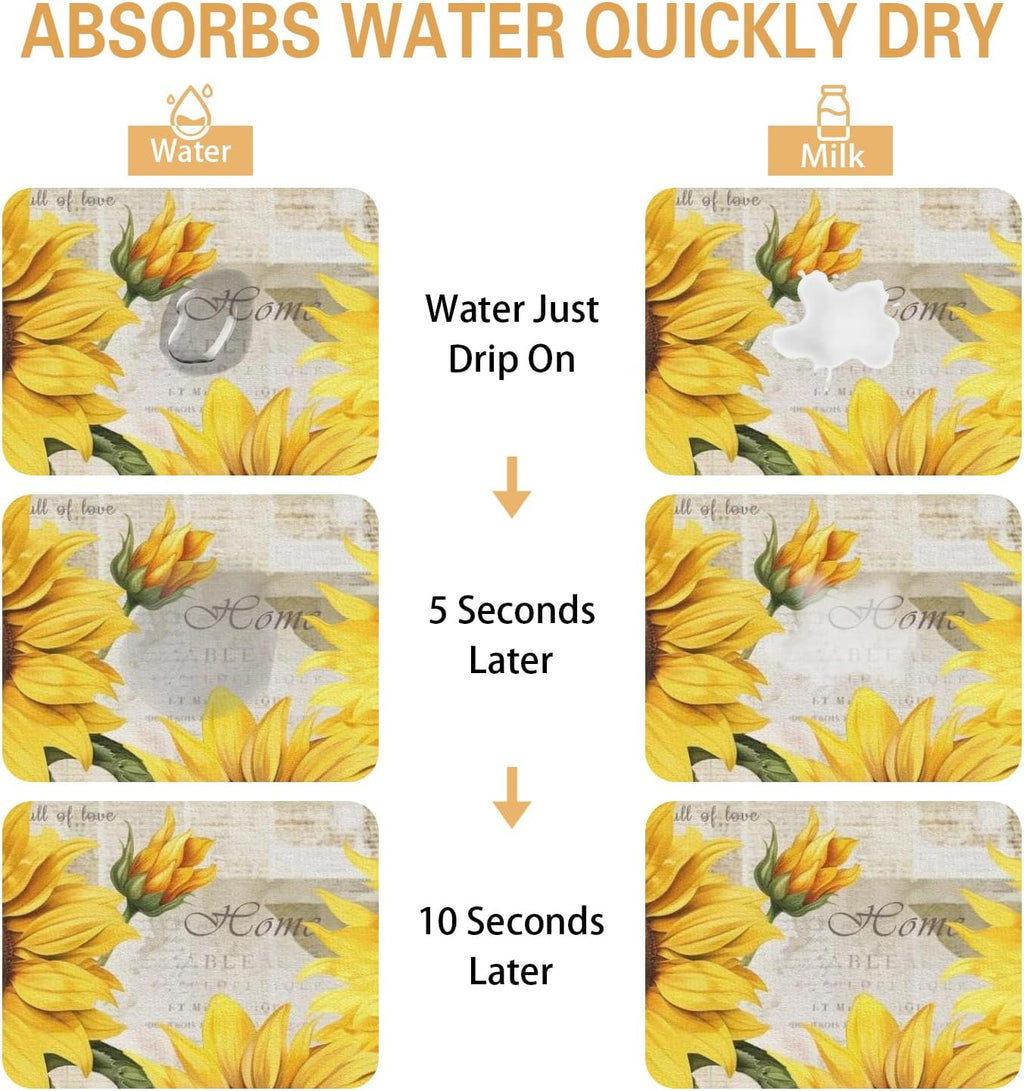Sunflower Kitchen Countertop Dish Drying Mat,Super Absorbent Coffee