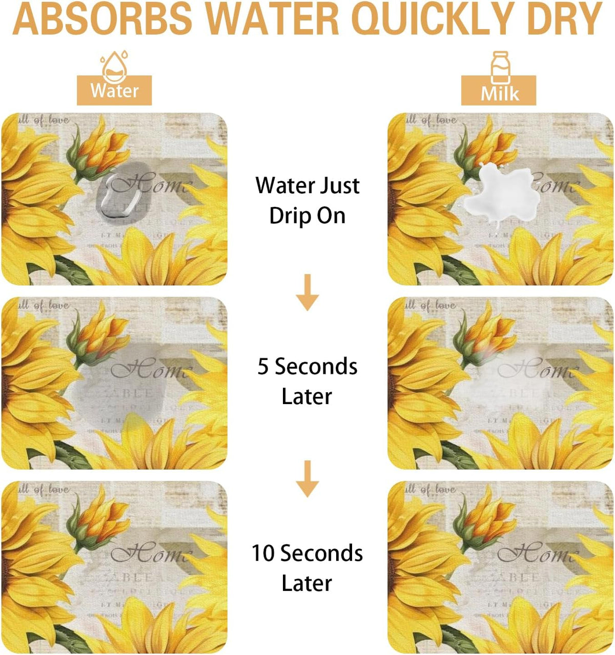Sunflower Kitchen Countertop Dish Drying Mat,Super Absorbent Coffee