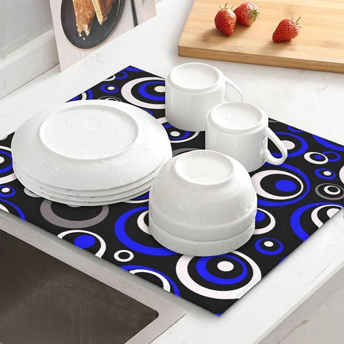Blue Black White Geometric Circle Dish Drying Mat - Image 2