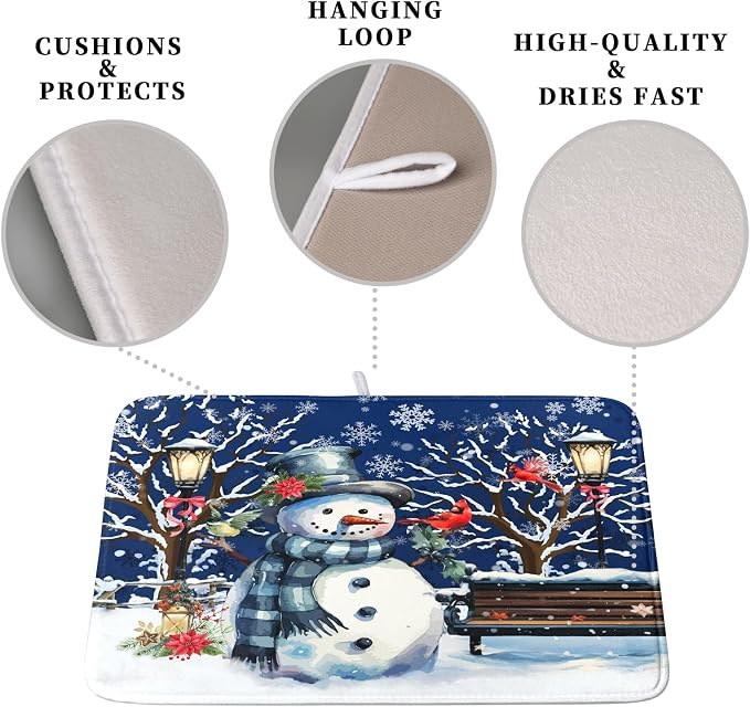 Winter Snowman Dish Drying Mat for Kitchen Counter 18x24, Xmas Snowflakes Dish - Image 3