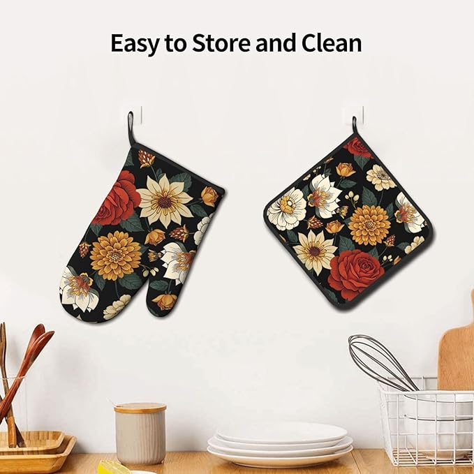Boho Floral Oven Mitts and Pot Holders Sets of 2 Vintage Kitchen Mitts Bohemian - Image 6